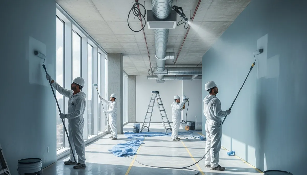 Commercial painting crew in Champaign, IL applying durable coatings to a business property